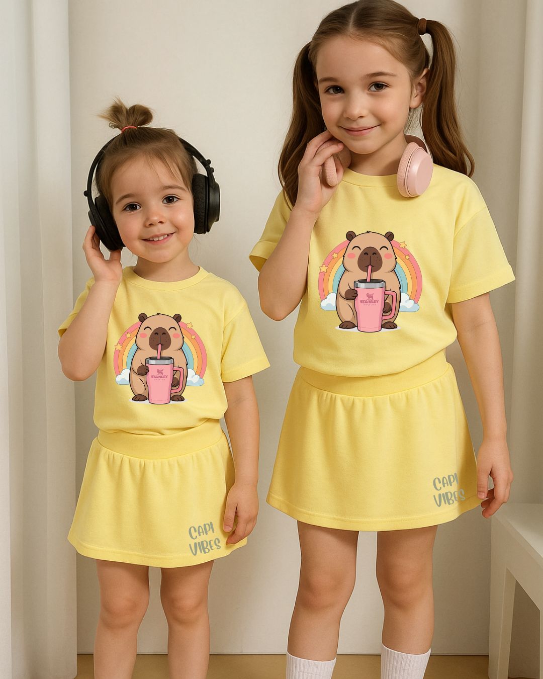 Conjunto Capivara cor Amarelo – Camiseta + Short/Saia