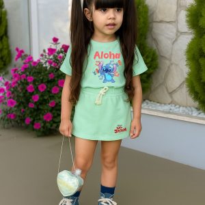 Conjunto Stitch Verde – Camiseta + Short/Saia