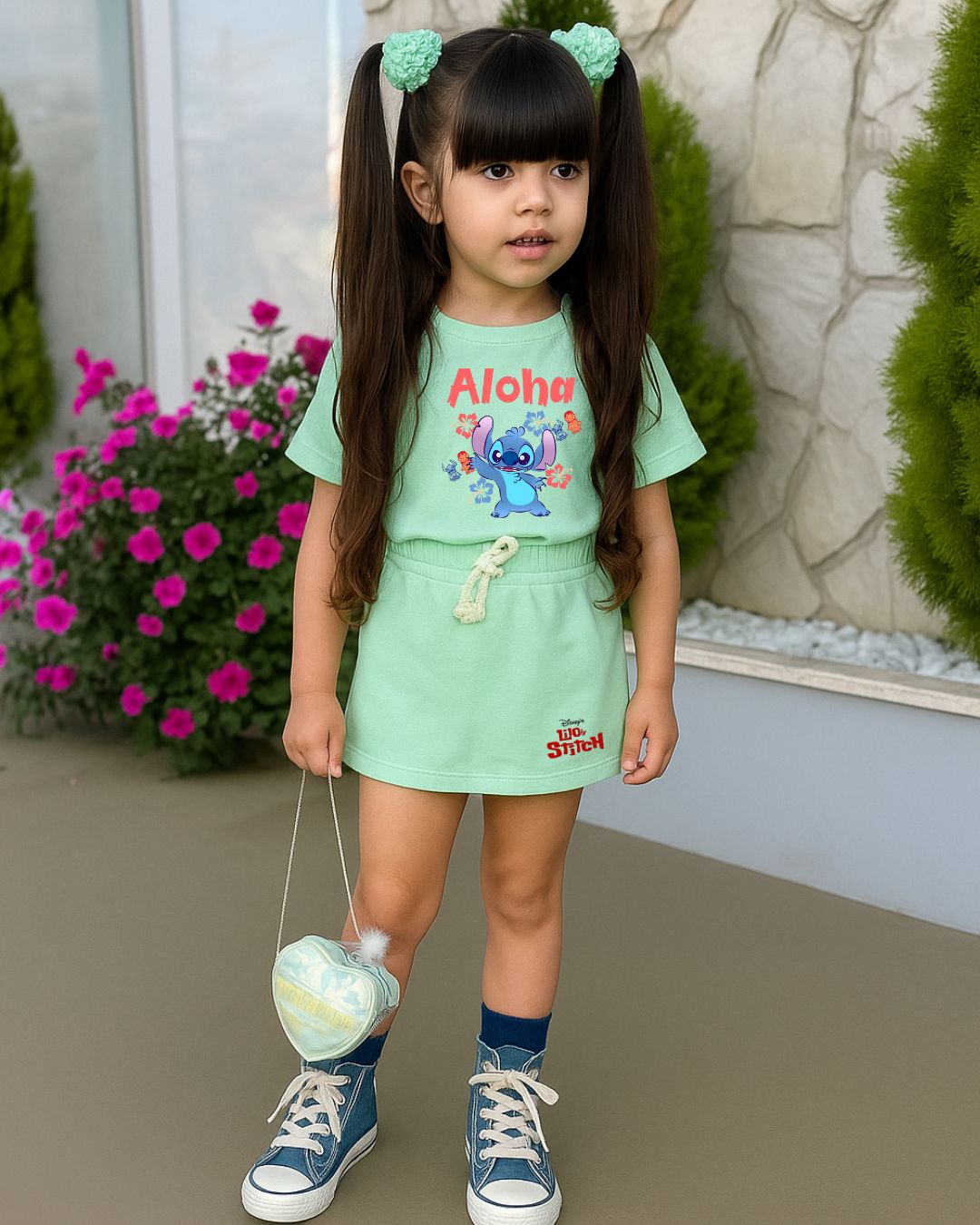 Conjunto Stitch Verde – Camiseta + Short/Saia