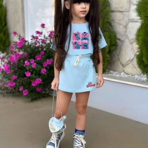 Conjunto Stitch Azul – Camiseta + Short/Saia
