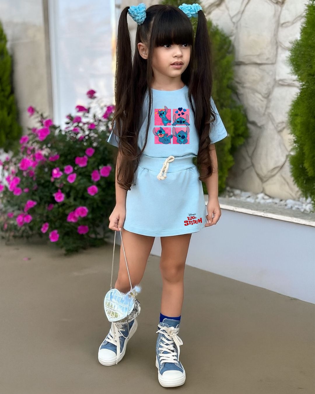 Conjunto Stitch Azul – Camiseta + Short/Saia