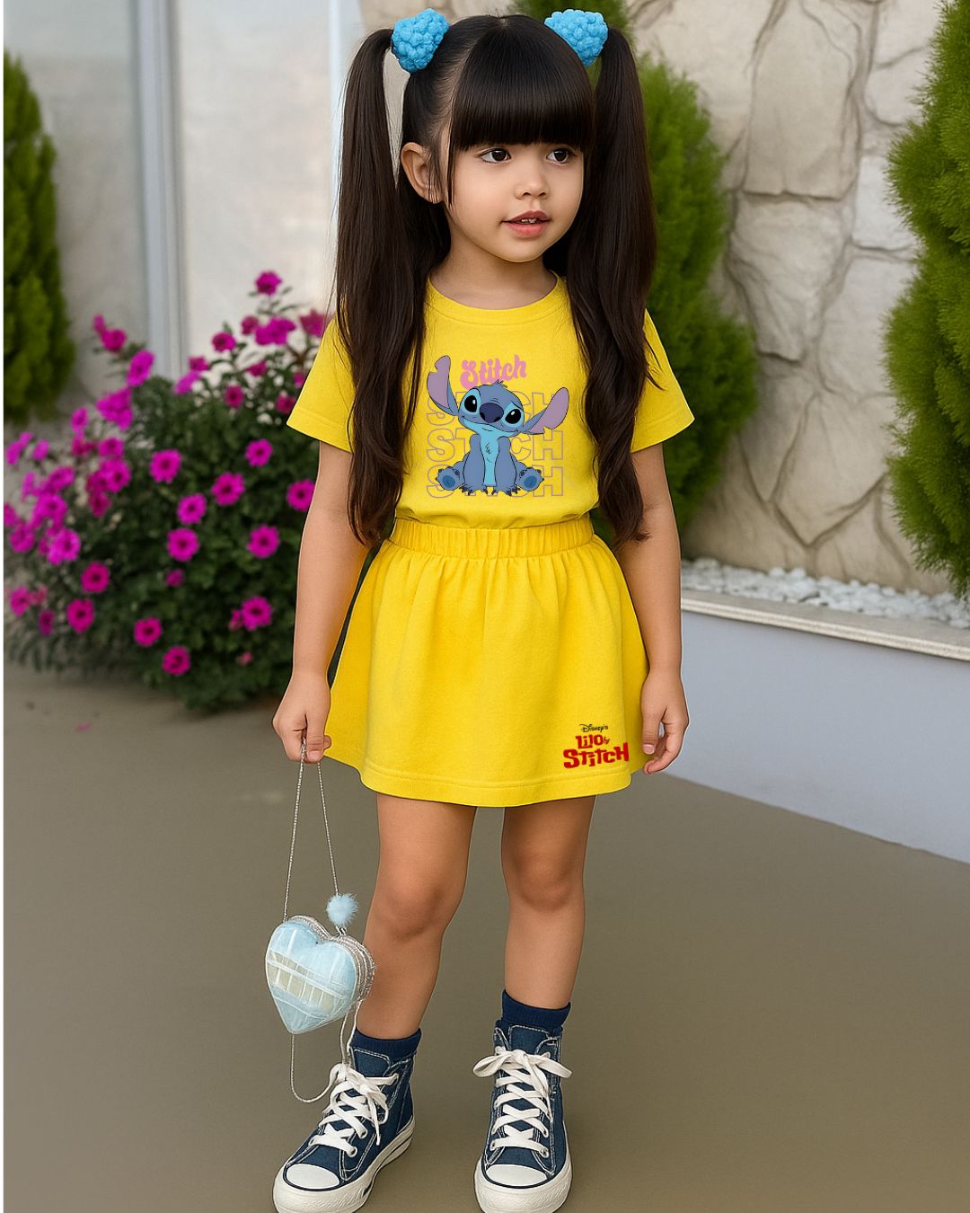 Conjunto Stitch Amarelo – Camiseta + Short/Saia