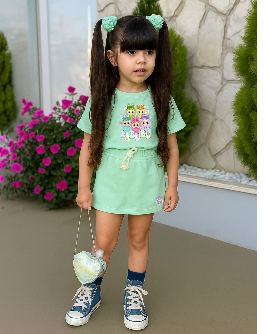 Conjunto Labubu verde – Camiseta + Short/Saia