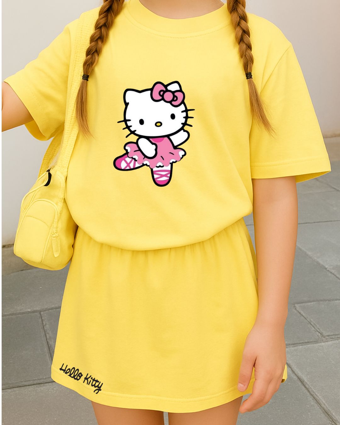 Conjunto Hello Kitty Amarelo – Camiseta + Short/Saia