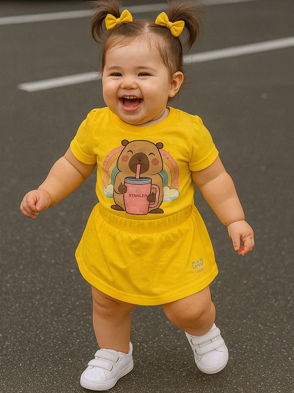Conjunto Capivara cor Amarelo – Camiseta + Short/Saia - Imagem 4